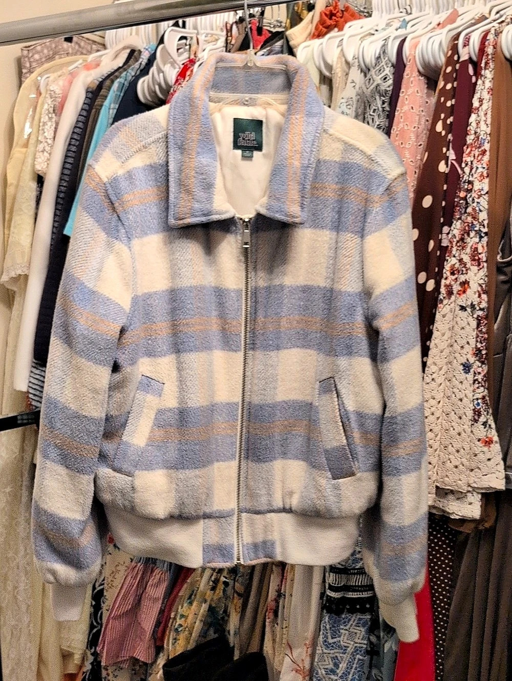 Wild Fable Plaid Bomber Jacket in Blue & White Size Medium